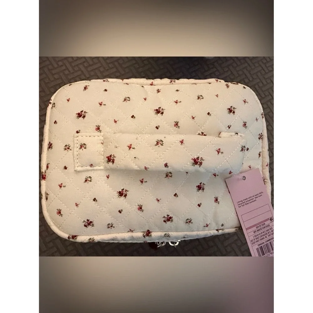 Quilted Cream Floral Cosmetic Case with Ribbon Zipper Pulls